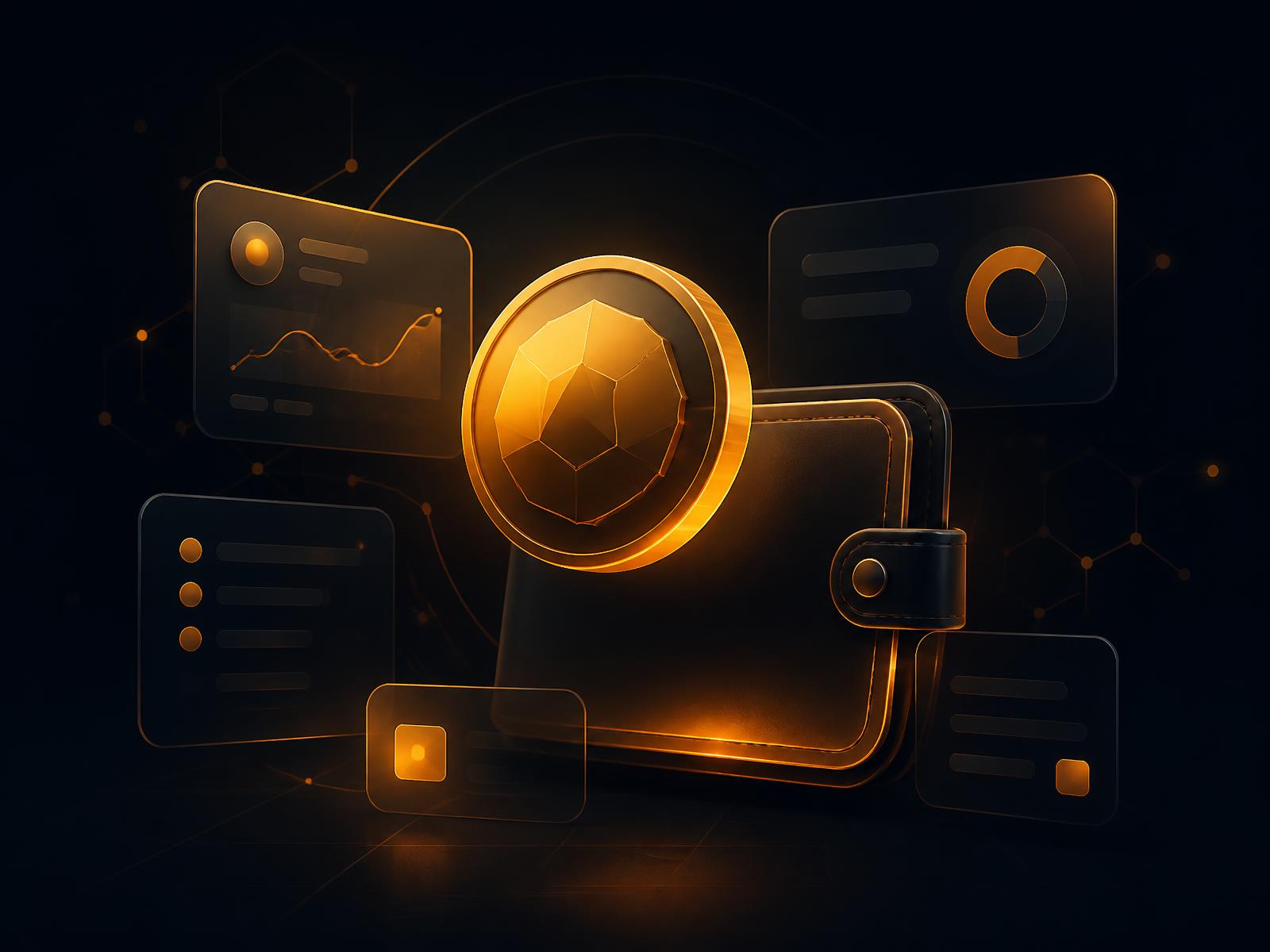 Abstract Cardano wallet interface with dark theme and amber accents